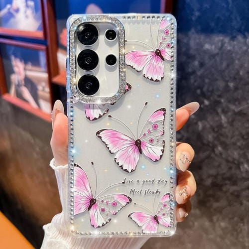 Funda a prueba de golpes con diseño de mariposa y brillo de diamante para Samsung Galaxy S25 Ultra 5G (Mariposa rosa B1)