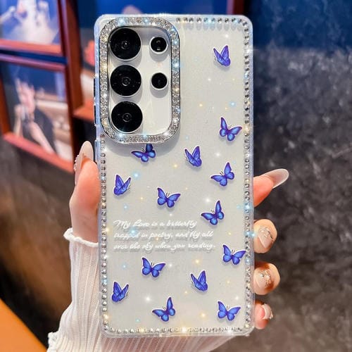 Funda a prueba de golpes con diseño de mariposa y brillo de diamante para Samsung Galaxy S25 Ultra 5G (Mariposa azul B4)