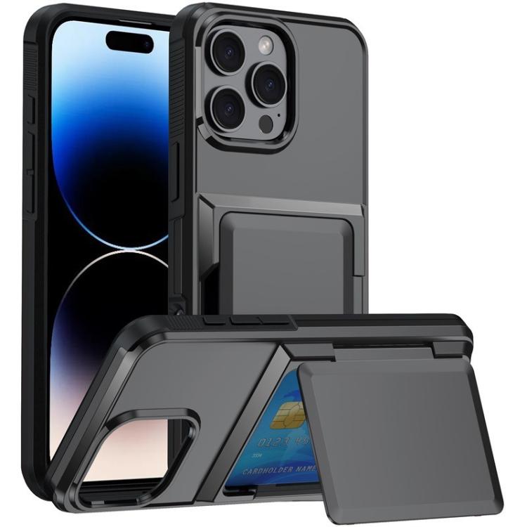 Funda a prueba de golpes Kalebol Flip Card Wallet para iPhone 15 Pro Max (gris)