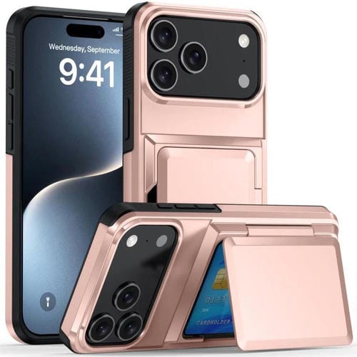 Funda abatible para iPhone 17 Pro, con tarjetero, a prueba de golpes (oro rosa)