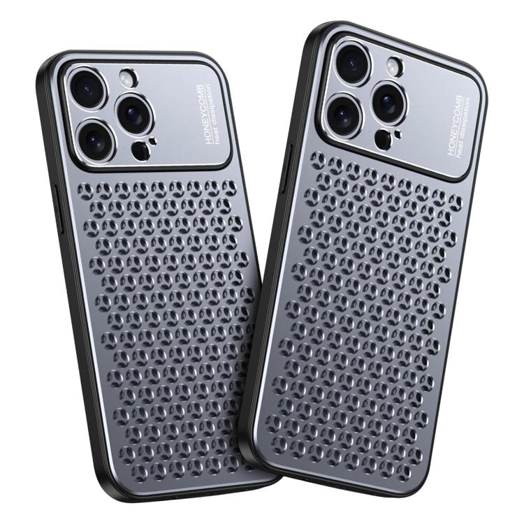Funda hueca transpirable y refrescante de metal Kalebol para iPhone 15 Pro Max (gris)