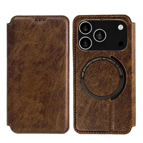 Funda de cuero Kalebol Flip con ranura para tarjetas y MagSafe para iPhone 17 Pro Max (marrón)