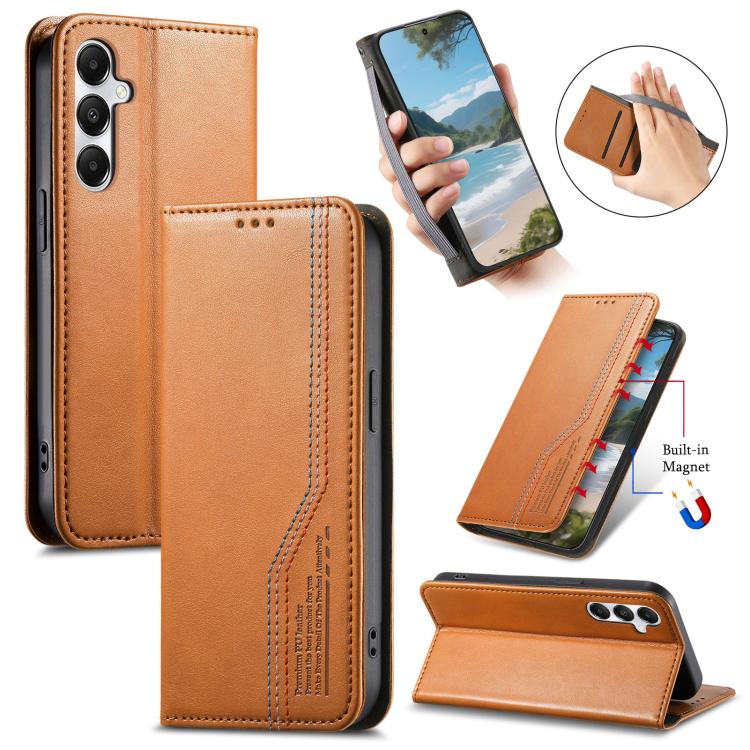 Funda de cuero con correa elástica y ventosa magnética para Samsung Galaxy A56 5G (marrón)