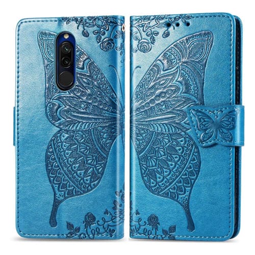 Para Xiaomi Redmi 8 Butterfly Love Flower Funda de Cuero con Tapa Horizontal En Relieve con Soporte Ranura para Tarjeta con Cordón Monedero (Azul)