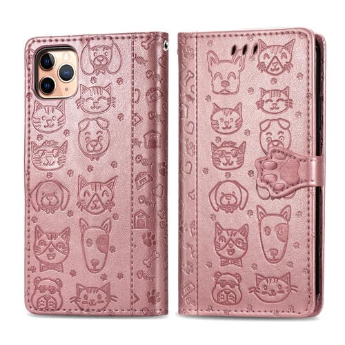 Estuche para iPhone 11 Pro Max Cute Cat And Dog Cuero PU con Tapa Horizontal en Relieve Soporte Ranura Tarjeta Billetera CordĂłn (Oro Rosa)