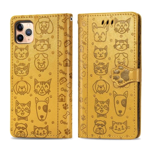 Estuche para iPhone 11 Pro Max Cute Cat And Dog Cuero PU Tapa Horizontal En Relieve Soporte Ranura Tarjeta Billetera CordĂłn (Amarillo)