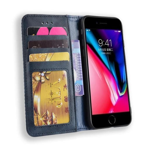 Funda de Cuero iPhone SE 2022 SE 2020 Hebilla Magnética Retro Textura Crazy Horse Tapa Horizontal Soporte Ranuras Tarjetas Marco Fotos (Azul)