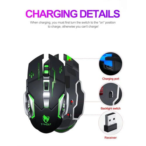 Ratón Inalámbrico T-Wolf Q13 para Juegos 2,4 GHz con 6 Teclas y Luz RGB (Gris) Modo Dual