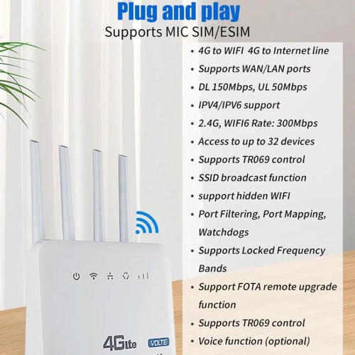Enrutador de Tarjeta SIM Inalámbrico 4G WIFI6 Volte CPE Versión Estadounidense con RJ45 y RJ11 (Blanco) Enchufe Estadounidense