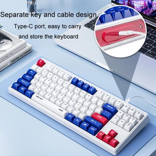 Teclado Mecánico con Cable Inphic K902 de 87 Teclas con Luz y Silencio para Juegos, Oficina y Hogar (Blanco y Azul)