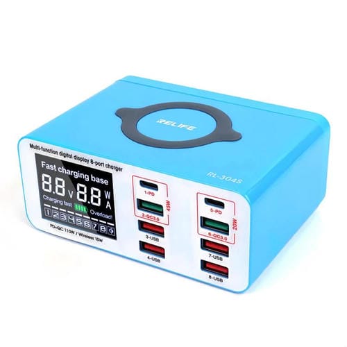 Cargador Rápido Relife Rl-304S 8 Puertos Pantalla Digital Usb PD+QC3.0 (Enchufe Estadounidense)