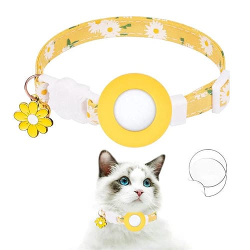 Funda de Silicona para Rastreador AirTag Collar para Mascotas Diseño Margaritas con Cascabel y Película (Amarillo)