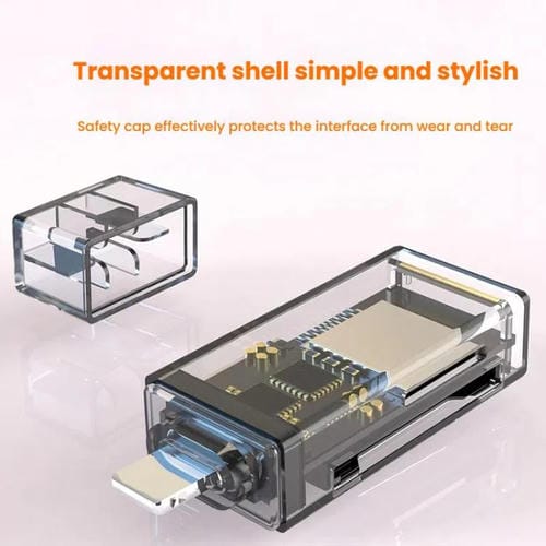 Adaptador OTG Lector de Tarjetas Transparente USB y 8 Pines a SD/TF para PC, Portátil y Teléfono Inteligente