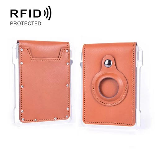 Cartera metálica de piel de vaca para tarjetas de crédito, ranura para AirTag, RFID, antirrobo (albaricoque)