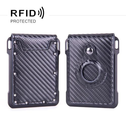 Cartera metálica de piel de vaca para tarjetas de crédito, ranura para AirTag, RFID, antirrobo (fibra de carbono negra)
