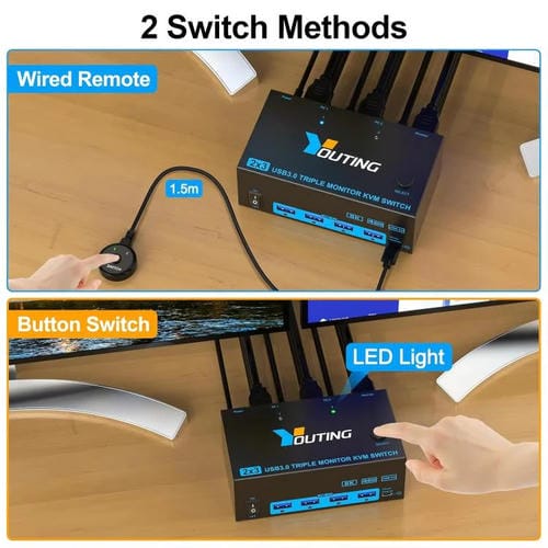 Conmutador KVM USB 3.0 YOUTING KC-KM434B de 2 entradas y 3 salidas con enchufe británico
