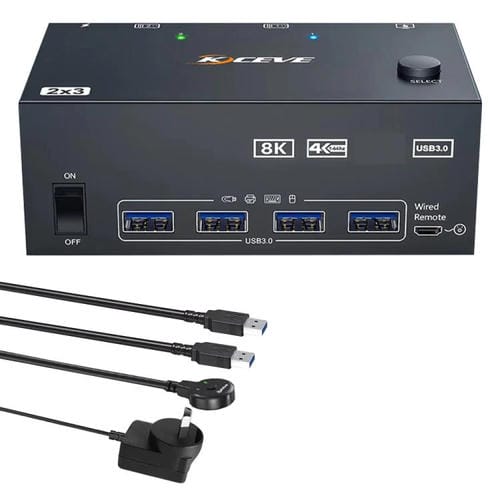 Conmutador KVM KCEVE KC-KVM204DH 2 entradas 4 salidas 8K 60 Hz para 2 ordenadores 4 monitores (Enchufe australiano)