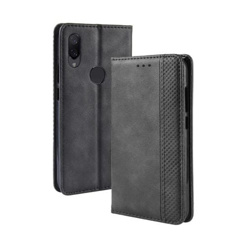 Funda de Cuero con Tapa Horizontal con Textura Retro y Hebilla Magnética para Xiaomi Redmi Note 7, con Soporte, Ranuras para Tarjetas y Billetera (Negro)