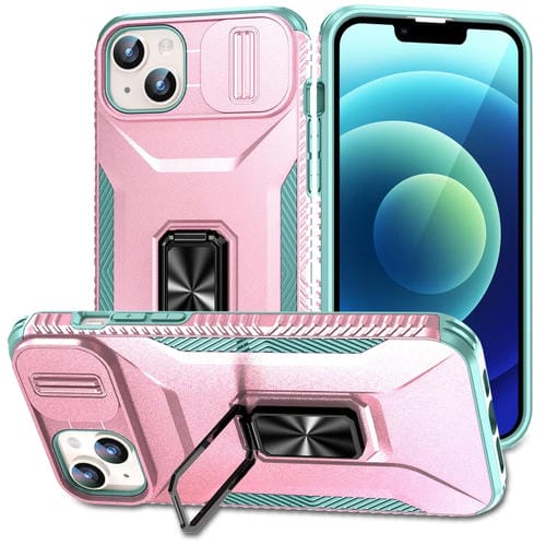 Para iPhone 15 Estuche para Teléfono con Soporte Deslizante para Levas (Rosa + Gris Verde) - MOVILSTORE