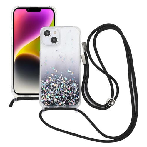 Para iPhone 15 Estuche para Teléfono de Acrílico Engrosado de TPU Epoxi con Brillo Degradado y Cordón de Cuello Redondo (Negro) - MOVILSTORE