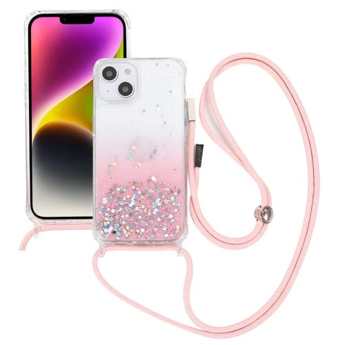 Para iPhone 15 Estuche para Teléfono de Acrílico Engrosado de TPU Epoxi con Brillo Degradado y Cordón de Cuello Redondo (Rosa) - MOVILSTORE