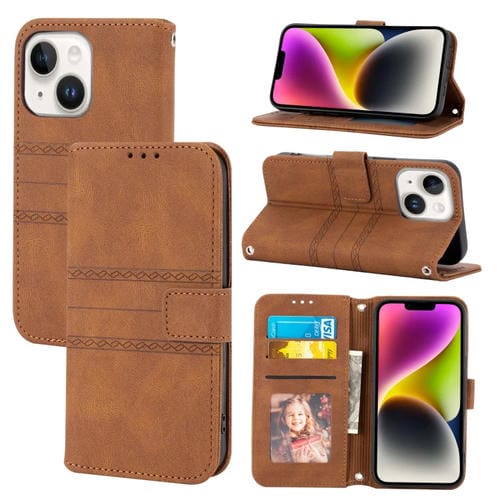 Para iPhone 15 Funda de Cuero con Sensación de Piel y Rayas En Relieve (Marrón) - MOVILSTORE
