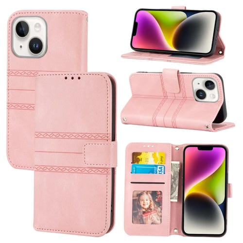Para iPhone 15 Funda de Cuero con Sensación de Piel y Rayas En Relieve (Rosa) - MOVILSTORE