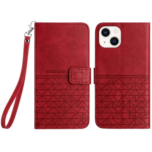 Para iPhone 15 Funda de Cuero con Textura RĂłmbica y CordĂłn (Rojo) - MOVILSTORE