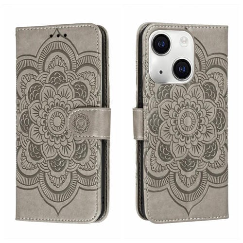 Para iPhone 15 Funda de Teléfono de Cuero con Estampado Sun Mandala (Gris) - MOVILSTORE