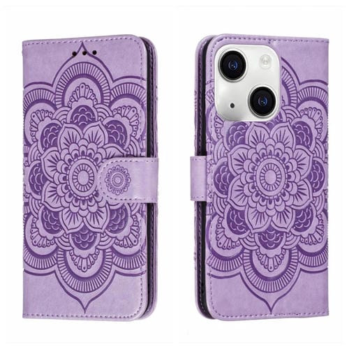 Para iPhone 15 Funda de Teléfono de Cuero con Estampado Sun Mandala (Púrpura) - MOVILSTORE