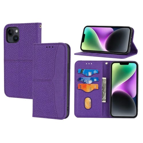 Para iPhone 15 Funda de TelĂ©fono de Cuero MagnĂ©tico con Costura de Textura Tejida (PĂșrpura) - MOVILSTORE
