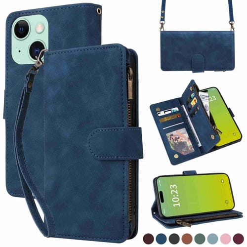 Para iPhone 15 Funda para Teléfono de Cuero con Cremallera y Ranura para Múltiples Tarjetas Cruzadas (Azul Oscuro) - MOVILSTORE