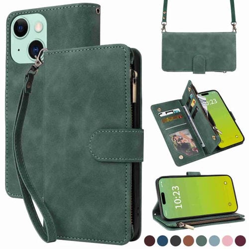 Para iPhone 15 Funda para Teléfono de Cuero con Cremallera y Ranura para Múltiples Tarjetas Cruzadas (Verde) - MOVILSTORE