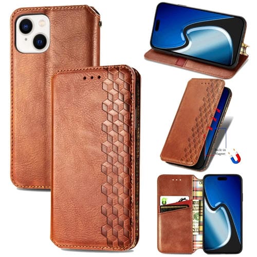 Para iPhone 15 Funda para Teléfono de Cuero Magnético Prensado con Rejilla Cúbica (Marrón) - MOVILSTORE