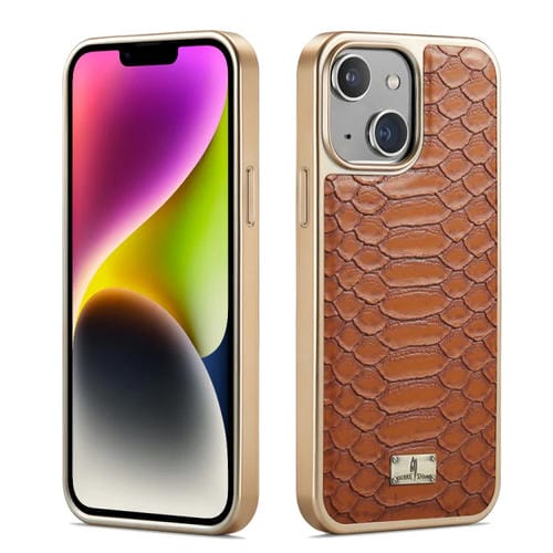Para iPhone 15 Funda para Teléfono de Pu con Galvanoplastia con Textura Fierre Shann Python (Marrón) - MOVILSTORE