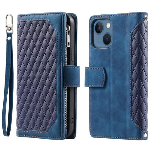 Para iPhone 15 Grid Texture Funda de Cuero con Cremallera para Teléfono con Cordón (Azul) - MOVILSTORE