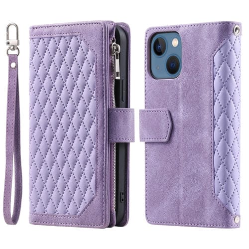 Para iPhone 15 Grid Texture Funda de Cuero con Cremallera para Teléfono con Cordón (Púrpura) - MOVILSTORE