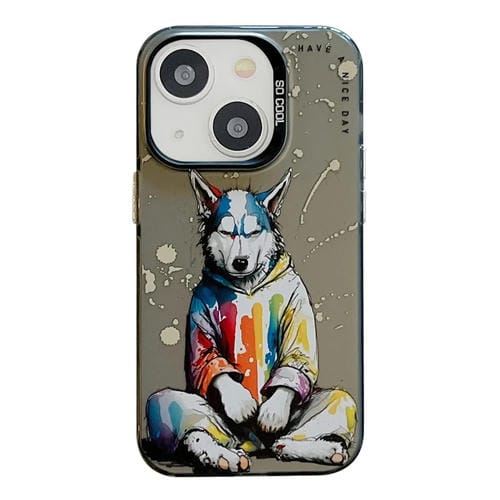 Para iPhone 15 Patrón de Animales Serie de Pintura al Óleo PC + Funda para Teléfono TPU (Perro con Capucha) - MOVILSTORE