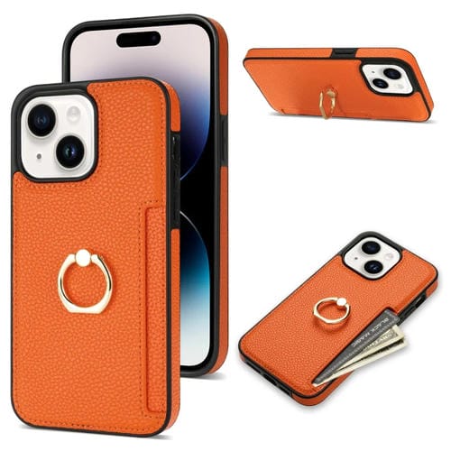 Para iPhone 15 Ring Card Litchi Funda Trasera de Cuero para Teléfono (Naranja) - MOVILSTORE