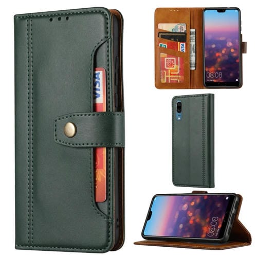 Para Huawei P20 Textura de becerro Cierre de doble pliegue horizontal Funda de cuero con tapa con marco de fotos y soporte y ranuras para tarjetas y billetera (verde)