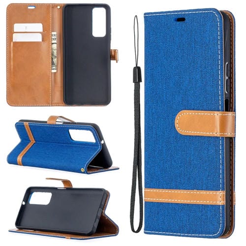 Para Huawei P Smart 2021 / Y7A Lite Color Matching Denim Texture Horizontal Flip Funda de cuero con soporte y tragamonedas y billetera y cordón (azul)