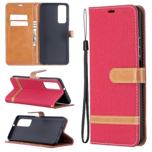 Para Huawei P Smart 2021 / Y7A Lite Color Matching Texture Denim Funda de cuero Horizontal Flip Funda con soporte y ranuras para tarjetas y cordones y cordones (rojo)
