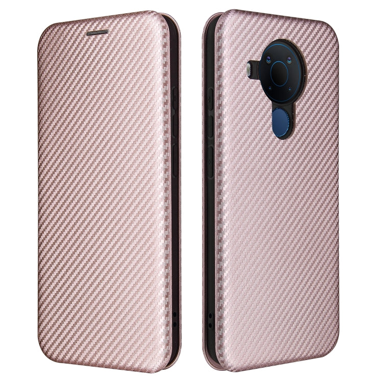 Para Nokia 5.4 Carcasa de cuero con tapa magnética horizontal con textura de fibra de carbono TPU + PC + PU con ranura para tarjeta (rosa)