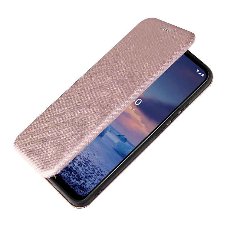 Para Nokia 5.4 Carcasa de cuero con tapa magnética horizontal con textura de fibra de carbono TPU + PC + PU con ranura para tarjeta (rosa)