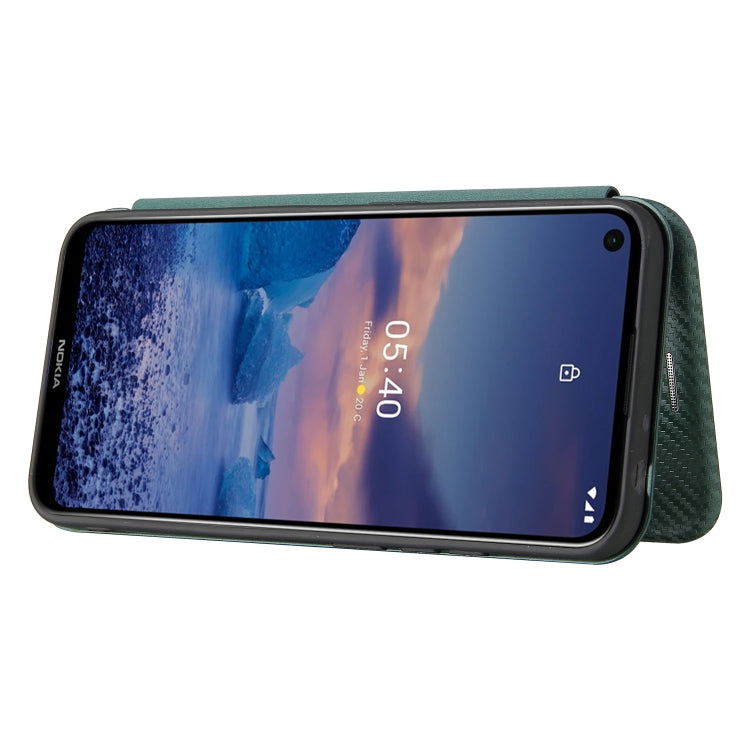 Para Nokia 5.4 Carcasa de cuero con tapa magnética horizontal con textura de fibra de carbono TPU + PC + PU con ranura para tarjeta (verde)