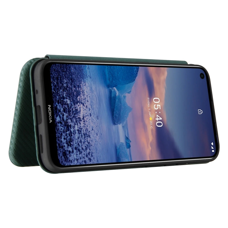 Para Nokia 5.4 Carcasa de cuero con tapa magnética horizontal con textura de fibra de carbono TPU + PC + PU con ranura para tarjeta (verde)
