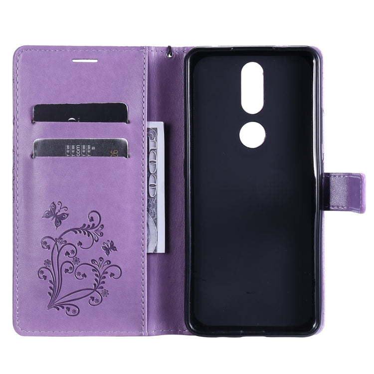 Para Nokia 2.4 3D Mariposas Patrón de relieve Funda de cuero con tapa horizontal con soporte, ranura para tarjeta y billetera (púrpura)
