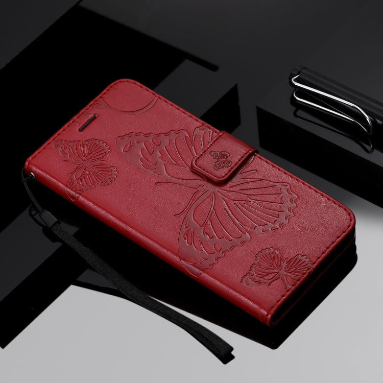 Para Nokia 2.4 3D Mariposas en relieve Patrón Funda de cuero con tapa horizontal con soporte, ranura para tarjeta y billetera (rojo)