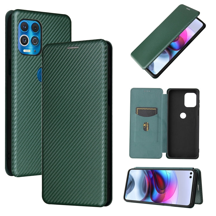 Para Motorola Edge S Fibra de carbono Textura Magnética Horizontal Flip TPU + PC + Funda de cuero PU con ranura para tarjeta (verde)
