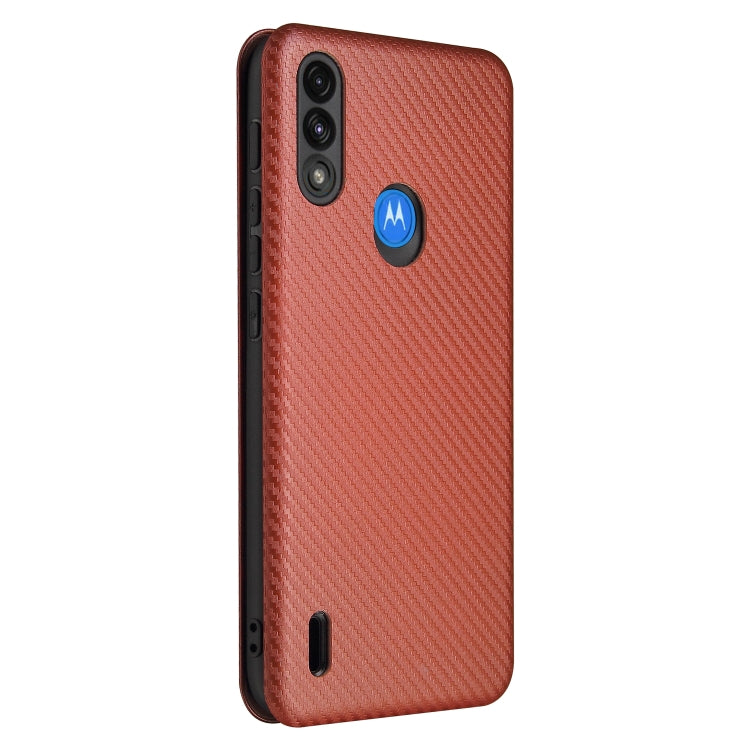 Para Motorola Moto E7 Potencia Fibra de carbono Textura Magnético Horizontal Flip TPU + PC + Funda de cuero PU con ranura para tarjeta (Marrón)
